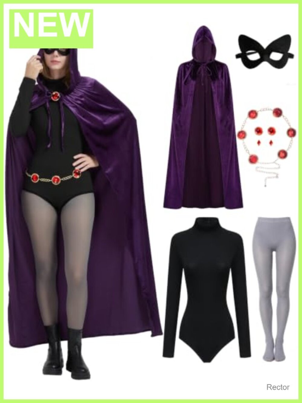 Women's Gothic Raven Costume Set Hooded Cloak Bodysuit 6pc